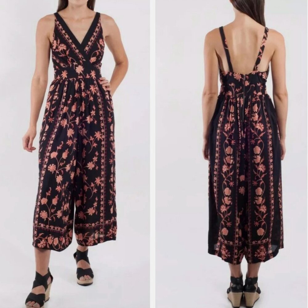 Anthropologie Plenty by Tracy Reese Icaria Black & Pink Floral Wide Leg Jumpsuit